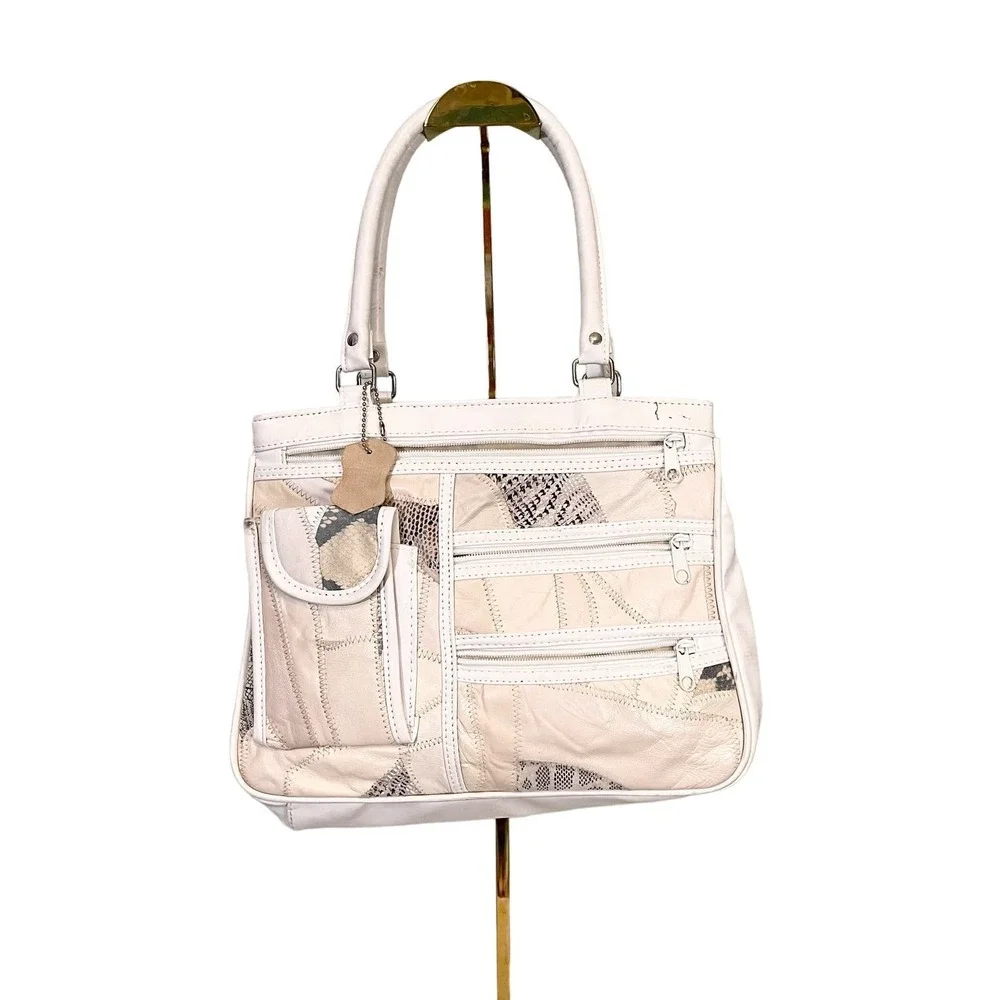 Leather Shoulder Bag Women's Cream White Genuine Leather Patches Satchel  Bag